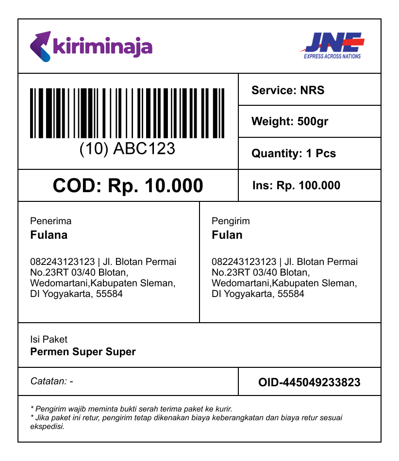 Shipping Label Sample